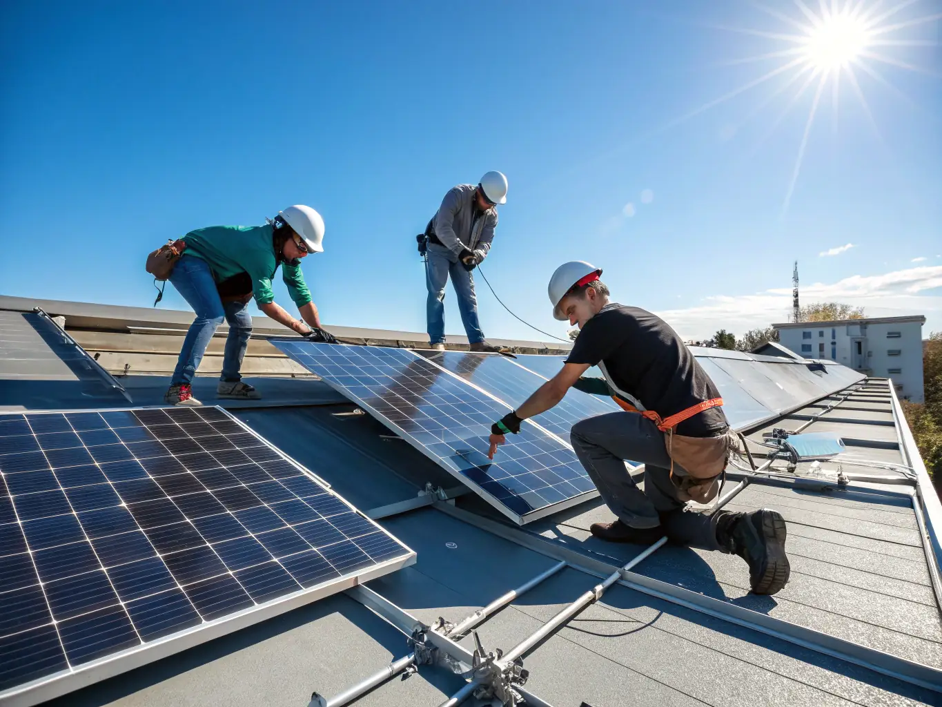 A professional solar panel installation team working on a residential rooftop, ensuring secure and efficient setup.