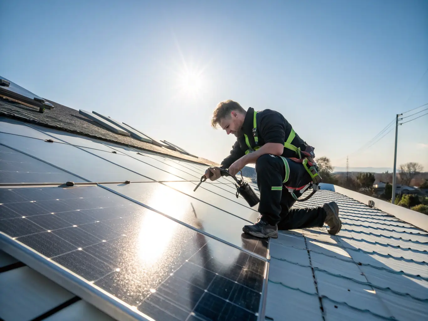 A technician inspecting an inverter unit in a commercial solar installation, ensuring optimal performance and safety.